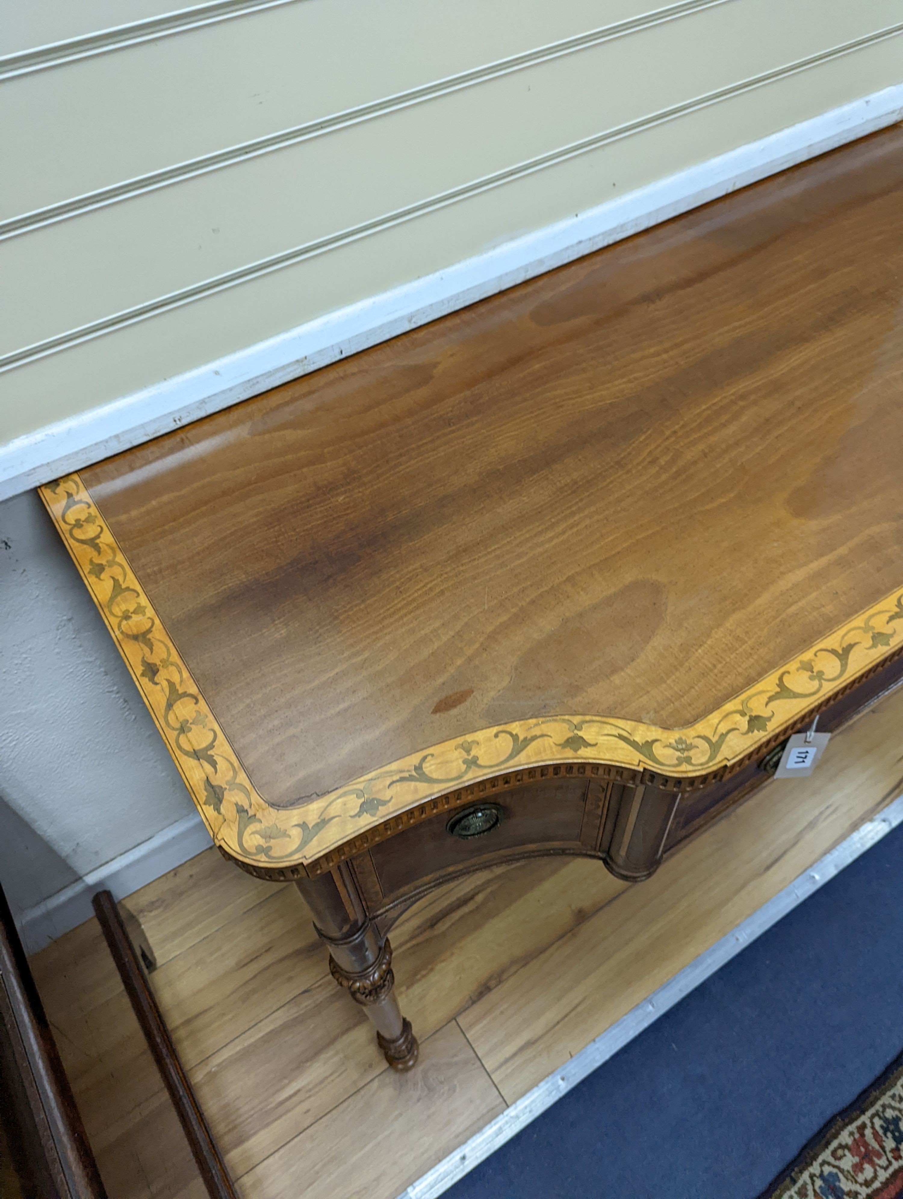 An early 20th century Sheraton style satinwood banded and marquetry inlaid mahogany breakfront sideboard, length 122cm, depth 58cm, height 82cm